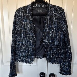 Sandro Black and Blue Textured Blazer with Frayed Details